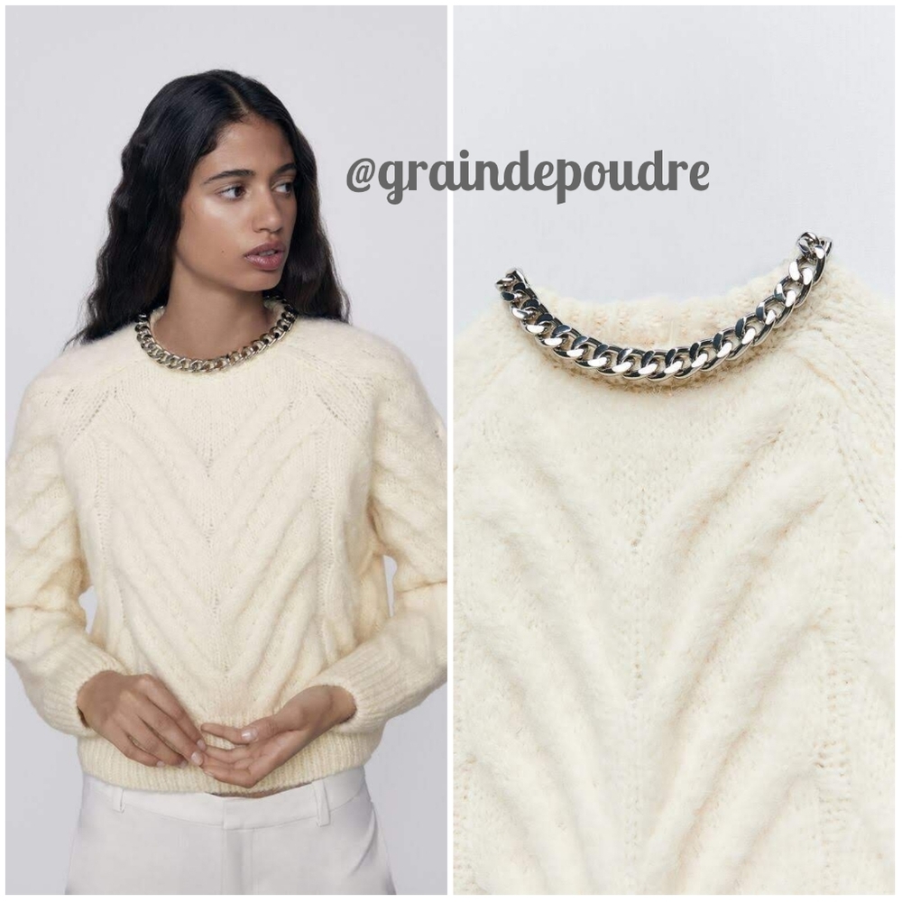 Rare Zara Limited Ed Ivory Silver Chain Collar Wool & Alpaca Cableknit Sweater S